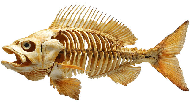 Fish Skeleton Shows Fins, Ribs, and Spine Isolated on White Background