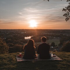 A Serene Sunset View from a Hilltop with Friends