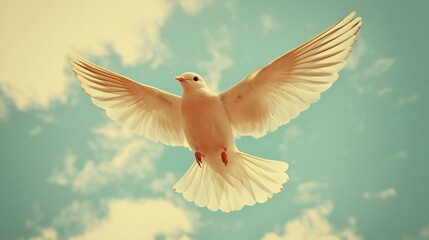 Fototapeta premium White dove in flight against a cloudy sky. Possible use Inspirational, spiritual, peace