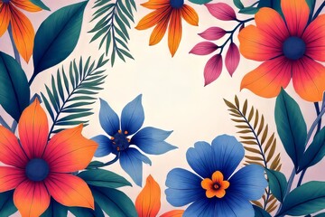 Vibrant Floral Design with Tropical Leaves and Flowers
