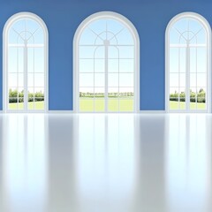 Fototapeta premium Elegant Room with Blue Walls and Arch Windows - Bright room with blue walls and three large arched windows offering a view of a tranquil green landscape. Clean lines and shiny floor
