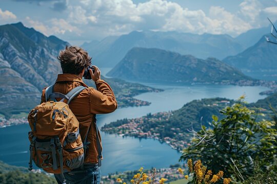 Fototapeta A young traveler stands on a mountain overlook, photographing the picturesque lake surrounded by rugged peaks. The vibrant landscape showcases lush greenery and a charming village nearby