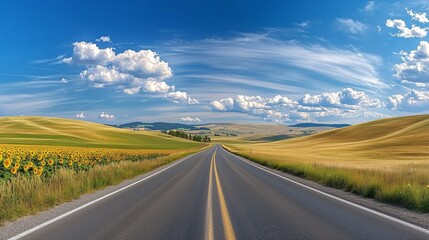 Fototapeta premium Scenic Country Road Through Golden Fields and Sky