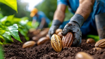 Close up of Freshly Harvested Cacao Pods with Blurred Farmers Working in the Background Vibrant Greenery and Rich Soil Emphasizing the Sustainable Agriculture Practices