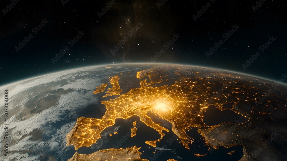 Poster a nighttime view of europe from space, showcasing its major cities illuminated and connected by a ne