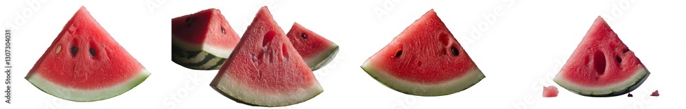 Poster a watermelon slice that has just been bitten into is isolated on a plain white background