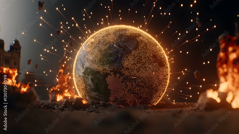 Poster a digital rendering of a glowing earth, composed of interconnected points of light, sits amidst fier
