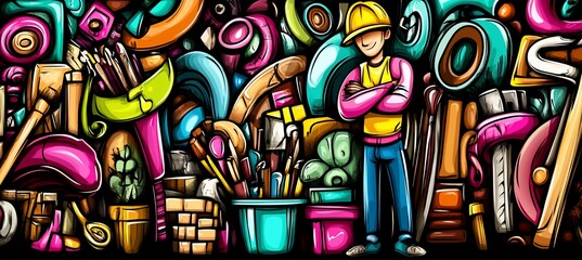 Obraz premium Colorful doodle illustration of various tools and a worker.