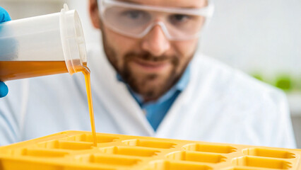 Scientist Conducting Experiment with Liquid in Laboratory Using Yellow Mold Tray