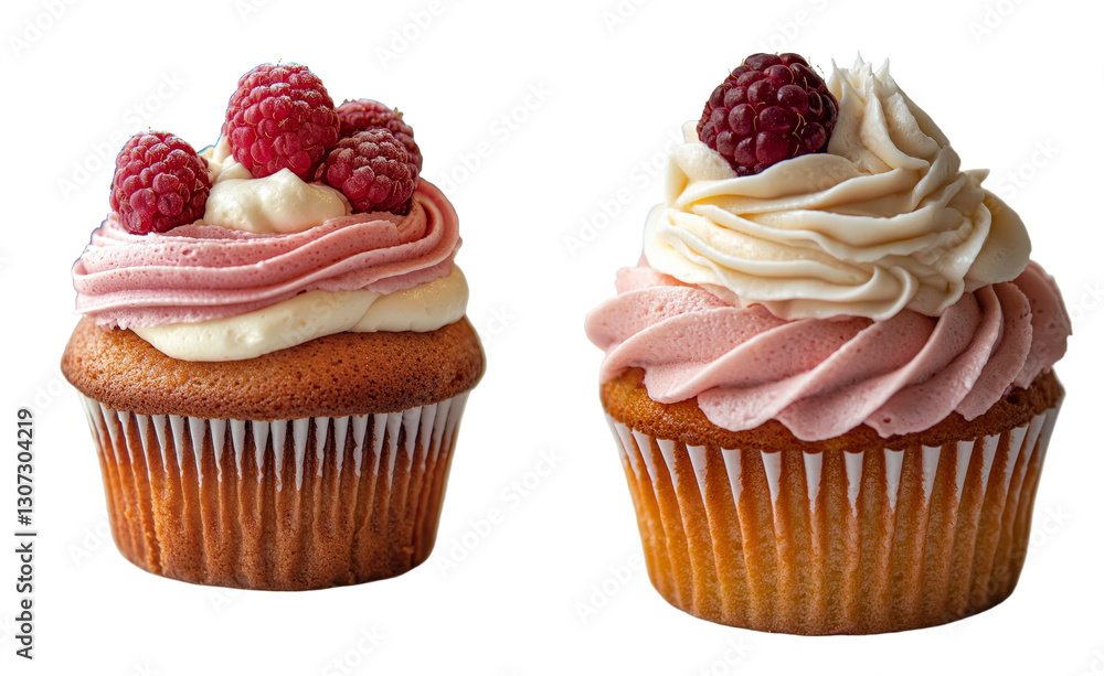 Aufkleber on a white background, a cupcake is highlighted with fresh raspberry and syrup