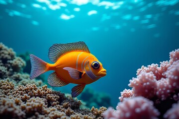Fototapeta premium Vibrant Orange Fish Swimming Near Coral Reef Underwater