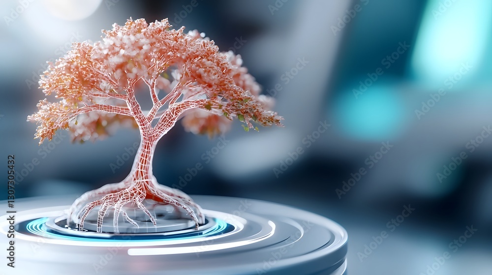 Poster Cybernetic Tree with Holographic Watercolor Canopy Transitioning from Blue to Red in a Smooth Digital Gradient Futuristic Nature Simulation with High Tech Fantasy Aesthetic