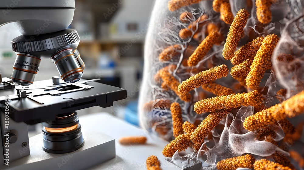 Poster detailed close up microscopic view of bacteria surrounded by intricate lung tissue structure in a sc