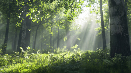 Obraz premium Serene sunlight filtering through lush green forest nature scene peaceful environment calm viewpoint tranquility concept
