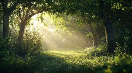 Obraz premium Sunbeams filtering through lush trees enchanted forest nature photography serene setting natural beauty tranquil atmosphere