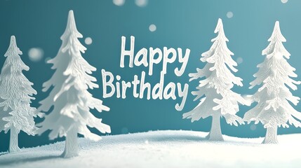 Obraz premium Detailed paper cut style winter wonderland themed birthday card design featuring snow covered trees and icy Happy Birthday text in a festive seasonal