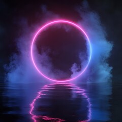 Naklejka premium Neon Circle in Mist over Water Surface, Illuminated with Blue and Pink Light, Creating Dreamlike and Ethereal Atmosphere for Artistic Backgrounds