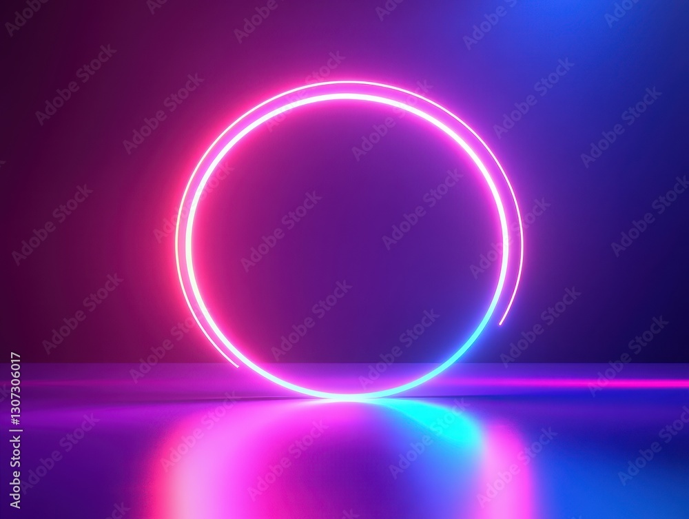 Poster neon circle with colorful glow on reflective surface in dimly lit studio environment