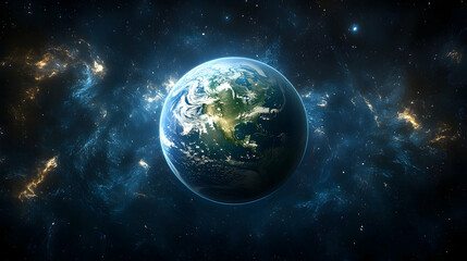 Earth-like planet in vibrant nebula.