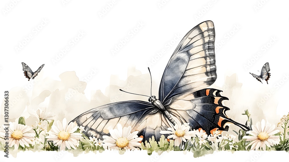 Poster Mesmerizing Fluttering Butterfly Amid Delicate Flower Bouquet in Serene Nature Inspired Rendering  Intricate Detailing and Gentle Color Transitions Highlight the Beauty of this Enchanting Scene