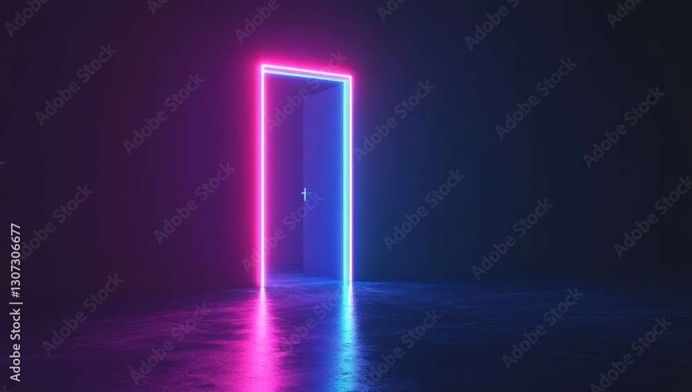 Poster neon doorway scene with futuristic lighting in a dark room creating a mysterious and enigmatic atmos