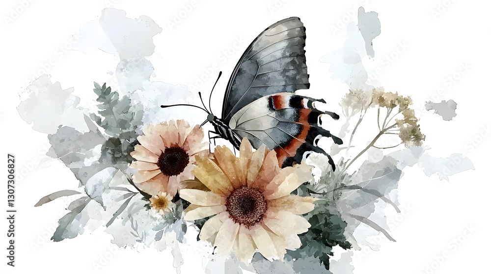 Poster a stunning showcasing a butterfly gracefully hovering above a bouquet of soft colored flowers with d