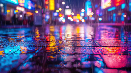Fototapeta premium Rainy night reflections urban street cityscape photography vibrant lights low angle nighttime serenity