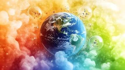 Colorful Earth surrounded by bubbles and rainbow clouds.