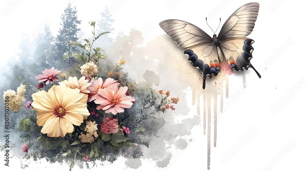 Poster a captivating digital depicting a graceful butterfly gliding above a lush harmonious bouquet of flow