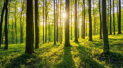 Fototapeta premium Sunlit forest scene lush green woods nature photography tranquil environment low angle view serenity and beauty