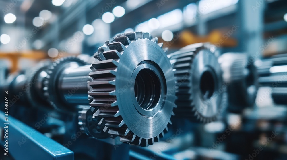 Poster close-up of precision-engineered metal gears in a factory setting.