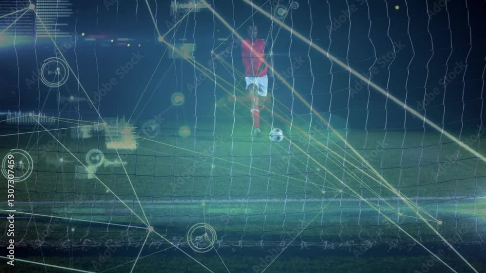 Poster soccer player on field with digital data processing animation over net