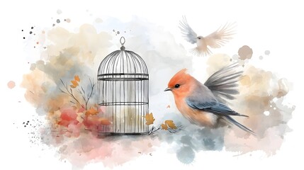 A captivating watercolor painting featuring graceful birds fluttering around ornate birdcages surrounded by vibrant floral arrangements and intricate brushstrokes in harmonious color tones