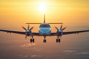 Sunrise Flight of Propeller Airplane Over Stunning Horizon with Warm Golden Light