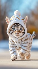 Fototapeta premium Adorable White Tiger Cub in Cozy Winter Hoodie Playing Outdoors in Bright Natural Setting