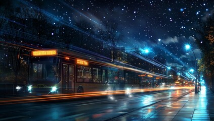 Night city street scene with a blurred bus in motion, under a starry sky and falling snow.
