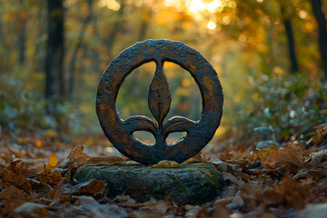 Steinernes Friedenssymbol im Wald bei Sonnenuntergang &ndash; Natur und Spiritualit&auml;t
