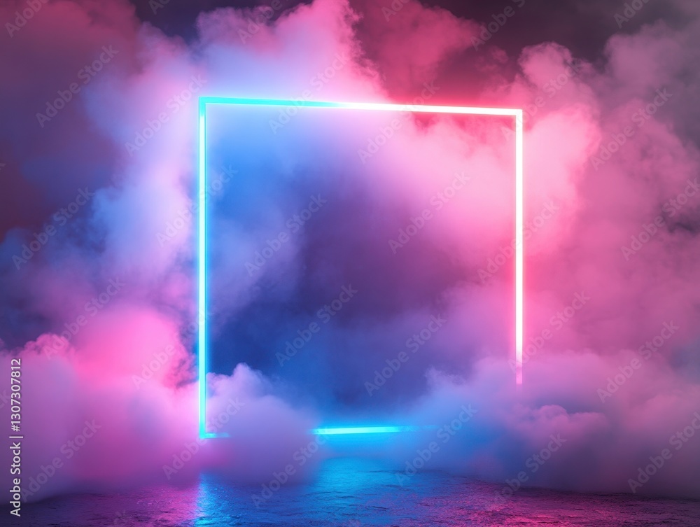 Poster neon frame surrounded by colorful smoke in a digital art scene creating an atmosphere of futuristic 