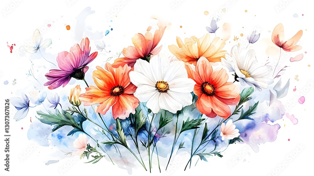 Poster Exquisite botanical watercolor showcasing a rich bouquet of flowers in a spectrum of colors painted with soft and expressive brushstrokes to create an elegant and floral composition