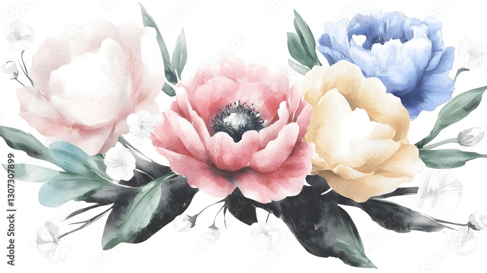 Poster exquisite botanical watercolor showcasing a rich colorful bouquet of flowers painted with soft expre