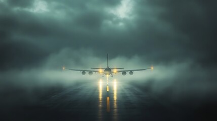 A passenger airplane is landing during inclement and foggy conditions