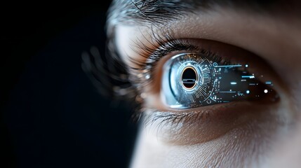 Futuristic digital eye chart with augmented reality overlays top view showcasing next level vision testing technology  Cybernetic toned