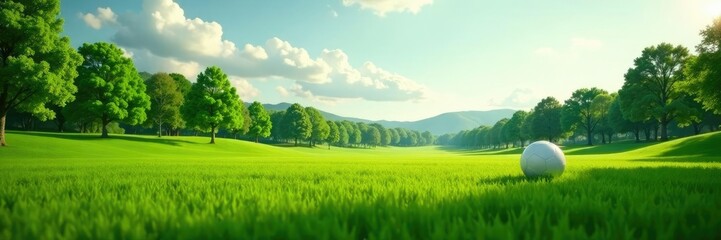 Obraz premium grassy field with scattered trees and a single bouncy ball on the ground, dunkelheit, ballformen