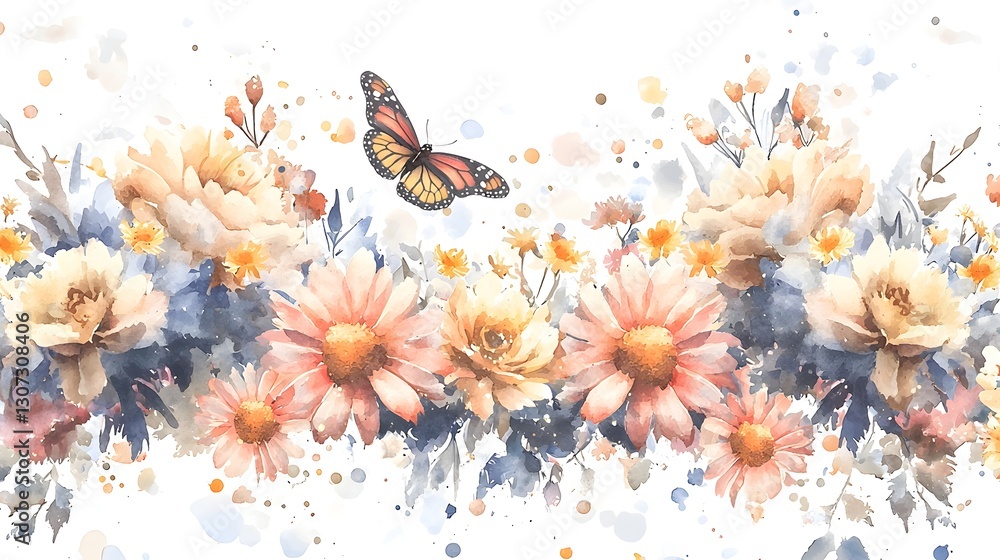 Poster Enchanting Botanical Watercolor Painting Showcasing Colorful Blooms Swaying in the Breeze with a Monarch Butterfly Resting on a Delicate Petal Creating a Dreamy Summer Inspired Scene