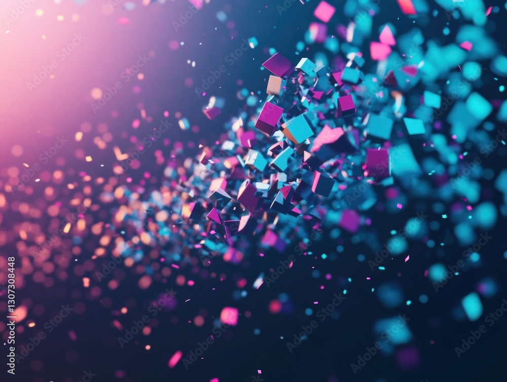 Poster abstract digital art burst of colorful pixelated shapes with soft lighting and bokeh effect