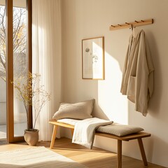 Minimalist entryway with wooden bench, coat rack, and natural light.