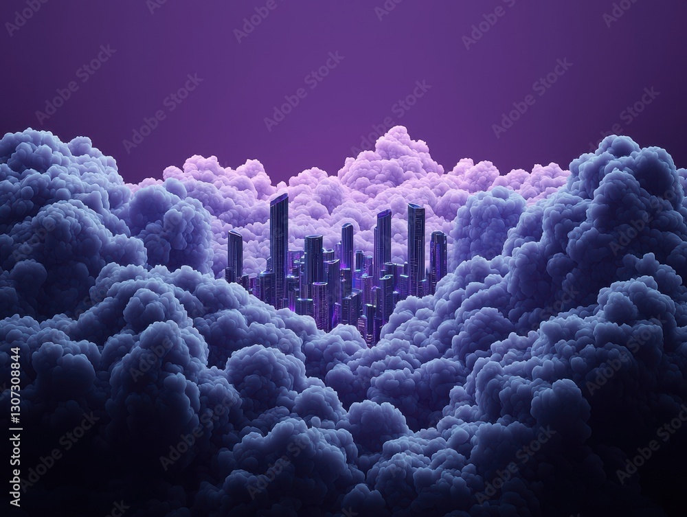 Poster a surreal scene of towering structures emerging through vibrant purple clouds, creating a mystical a