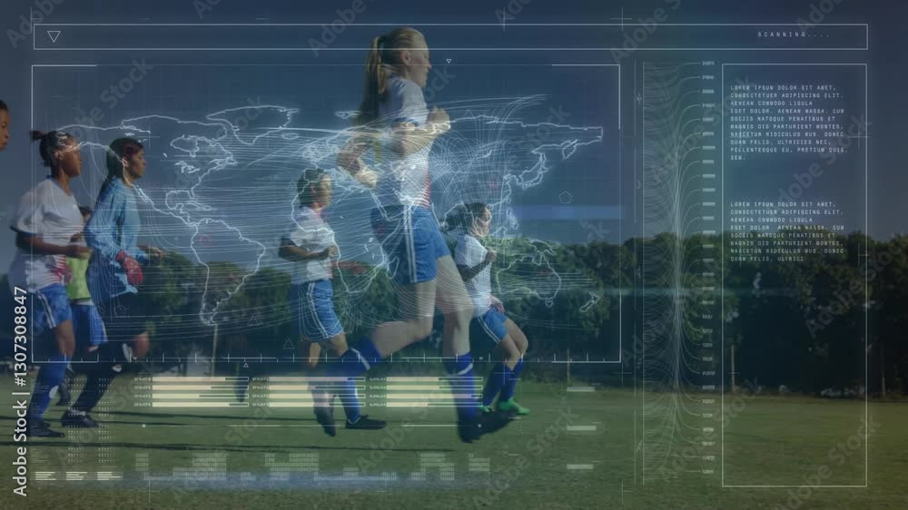 Poster youth soccer players running on field with digital world map overlay animation