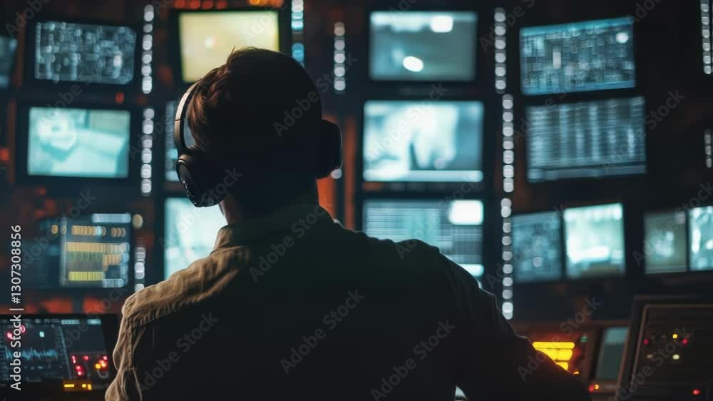Poster control room operator wearing headphones monitors multiple screens showing various data and video fe
