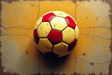 Vintage Soccer Ball on Cracked Surface - Yellow and Red Design